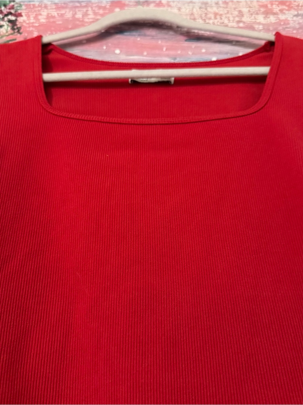 Red Ribbed Square-Neck Long Sleeve Top - Picture 2 of 4